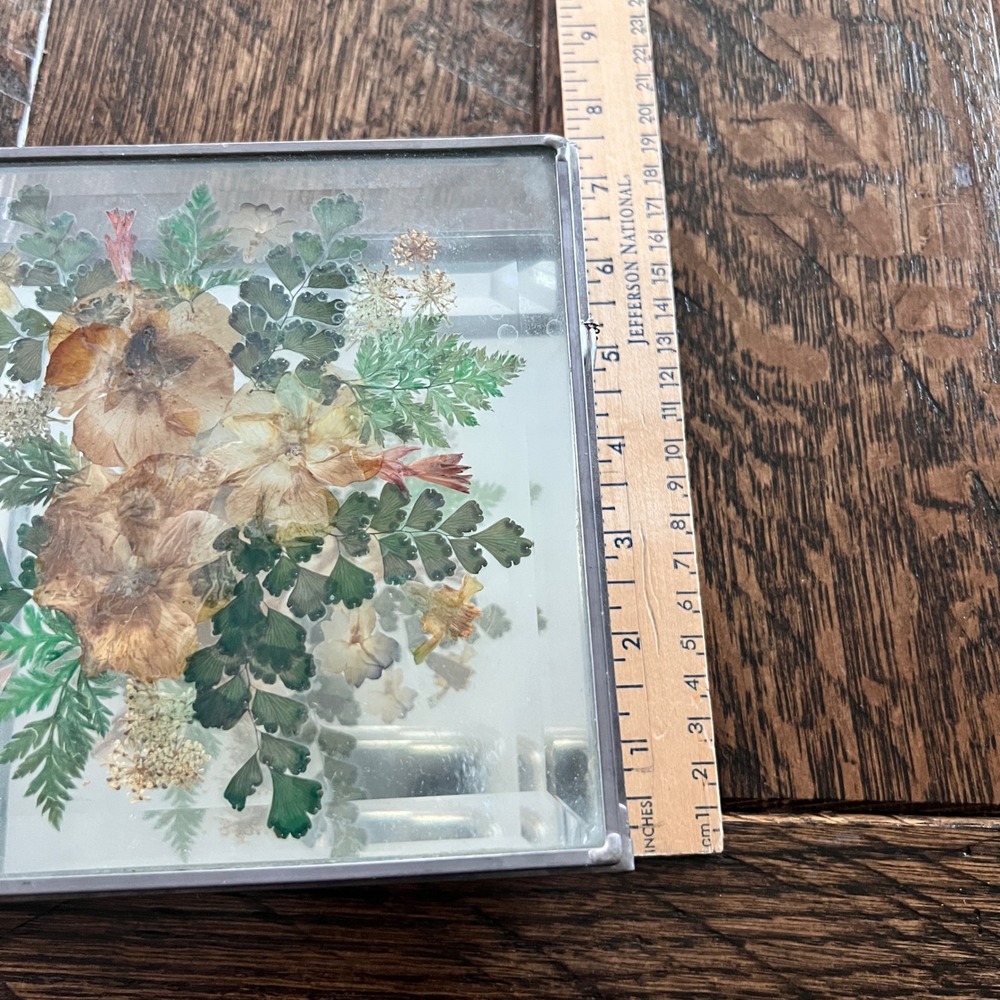Vintage Pressed Flower Glass Trinket Box Mirrored Bottom Silver Frame Hinged - Picture 6 of 6